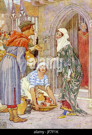 Robin Hood and the men of the Greenwood by Henry Gilbert. Caption reds: 'Come into the house, good chapman'. (Robin Hood in disguise as someone selling pots - selling to wife of sheriff). Illustrated by Walter Crane. C.1912 Stock Photo