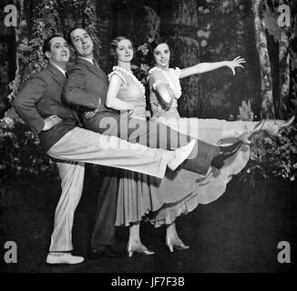 'Hold my Hand' written and produced by Stanley Lupino.  Spring Quartette with characters Eddy (Stanley Lupino), Pop (Sonnie Hale), Helen (Marjery Wyn) and Paula ( Jessie Matthews -1907-1981), in a high kicking dance routine.  London production, Gaiety Theatre,23 December, 1931. Stock Photo