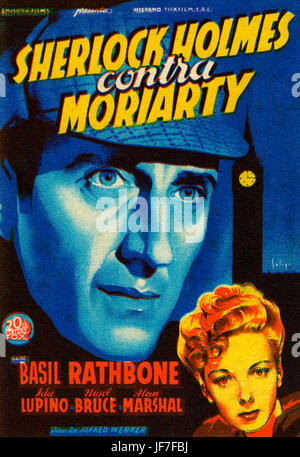 The Adventures of Sherlock Holmes (Sherlock Holmes contra Moriarty) - Spanish poster. 1939 film directed by Alfred L. Werker. With Basil Rathbone as Holmes and Ido Lupino (pictured). Based on Conan Doyle's short story 'The Adventure of the Six Napoleons'. BR: English actor,  13 June 1892 – 21 July 1967. CD: Scottish author and crime writer 22 May 1859–7 July 1930 Stock Photo