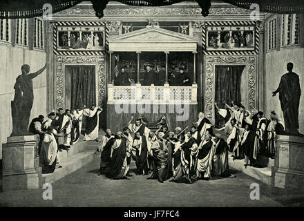 Julius Caesar by William Shakespeare. Performed at Her Majesty's Theatre, 1898.  Act I, The death of Caear: Mae Leay as Cassius; Charles Fulton as Casear and Lewis Waller (1860 –1915)  as Brutus. Stock Photo