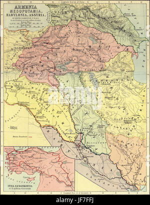 Map of Armenia, Mesopotamia, Babylonia and Assyria, showing the route of Xenophon and the Ten Thousand ( 5th century BC ).  Drawn by Keith Johnston F.R.S.E. Published in The Unrivalled Classical Atlas by W. and A.K. Johnston in 1877. Stock Photo