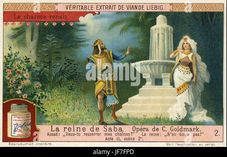 Die Königin von Saba / The Queen of Sheba, opera by Karl Goldmark (May 18, 1830 – January 2, 1915), Hungarian composer. Act 2 scene 2. Assad and the Queen of Sheba in the garden of the palace at night. Liebig collectors' card 1914 Stock Photo
