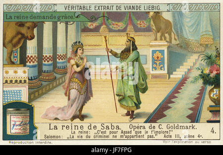 Die Königin von Saba / The Queen of Sheba, opera by Karl Goldmark (May 18, 1830 – January 2, 1915), Hungarian composer. Act 3 scene 4. The Queen pleads with King Solomon to show Assad mercy. Liebig collectors' card 1914 Stock Photo
