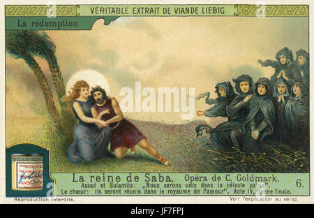 Die Königin von Saba / The Queen of Sheba, opera by Karl Goldmark (May 18, 1830 – January 2, 1915), Hungarian composer. Act 4, finale. Sulamith grants Assad her forgiveness before he dies. Liebig collectors' card 1914 Stock Photo