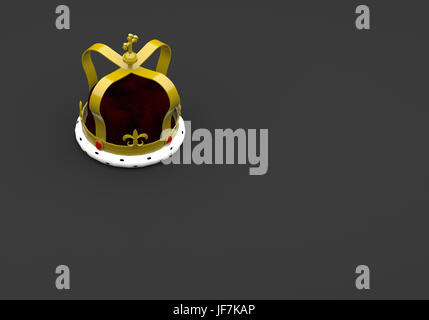 3D RENDERING OF GOLDEN KING CROWN WITH RED JEWELS ON PLAIN BLACK BACKGROUND Stock Photo