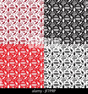 illustration of set of seamless patterns for grill and barbecue in red and black colors Stock Vector