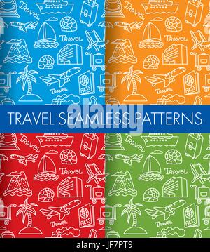 illustration of travel and resort seamless pattern background in different colors Stock Vector