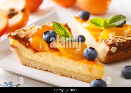 Delicious cheesecake with apricots, blueberries and almonds close-up on a plate on a table. horizontal Stock Photo