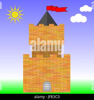 Old Red Brick Castle on Blue Sky Background Stock Vector