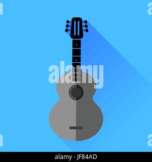 Guitar Silhouette Isolat6ed on Blue Background. Long Shadow. Stock Vector