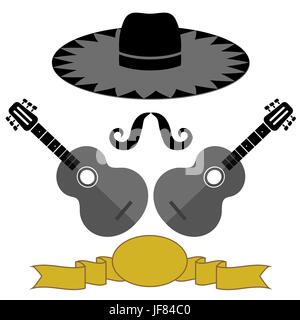 Mexican Guitars Hat Mustache on White Background Stock Vector