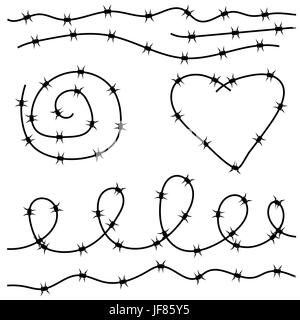 Barbed Wire Silhouettes Isolated on White Background Stock Vector