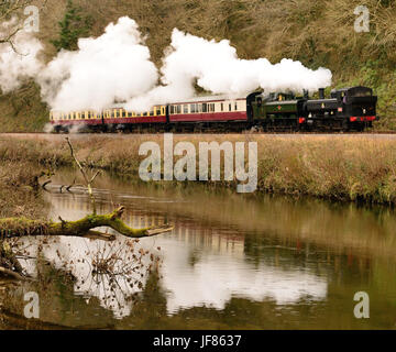 Steam train on the South Devon Railway alongside the river Dart, hauled by GWR 0-6-0 pannier tanks numbers 1369 and 6412. Stock Photo