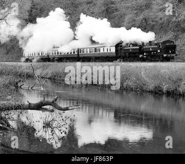 Steam train on the South Devon Railway alongside the river Dart, hauled by GWR 0-6-0 pannier tanks numbers 1369 and 6412. Stock Photo