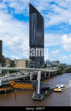 Boat station on Brisbane river with 1 William Street government administration tower block to the rear. Brisbane. Australia. Stock Photo