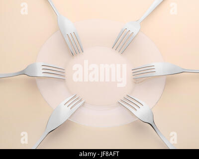 Forks and empty plate on pastel beige table. Copy space on the plate Stock Photo