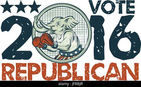 Vote Republican 2016 Elephant Boxer Circle Etching Stock Vector