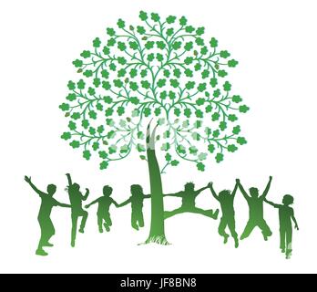 children jumping under a tree Stock Vector