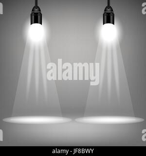 Two Spotlights on Soft Grey Background. Bright Stage with Spot Lights Stock Vector