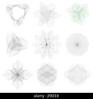 Set of Guilloche decorative elements Isolated on White Background Stock Vector
