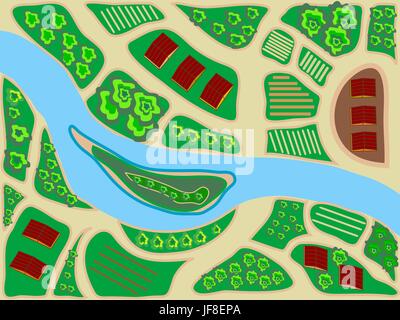 a stylized map of the area top view river field greens house trees Stock Vector