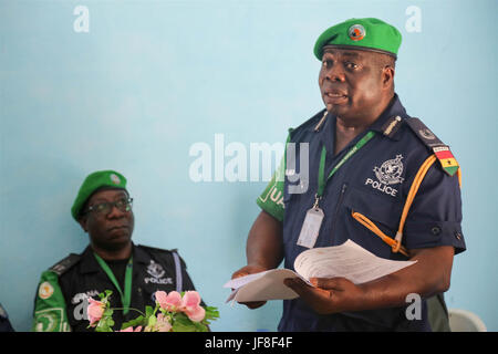 The African Union Mission in Somalia (AMISOM) Police Training Coordinator, Assistant Commissioner of Police (ACP) Francis Ayitey Aryee, speaks at a ceremony to officially hand over the newly renovated police station to Jubbaland Administration on May 8, 2017. AMISOM Photo Stock Photo