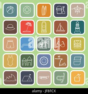 Beach line flat icons on green background Stock Vector