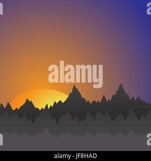 The Sun Sets Behind The Mountains. Mountain Landscape Stock Vector