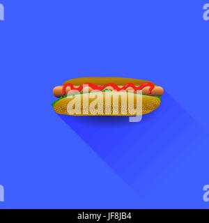 Fresh Hot Dog with Ketchup Isolated on Blue Background Stock Vector