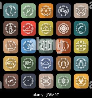 Warning sign line flat icons with long shadow Stock Vector