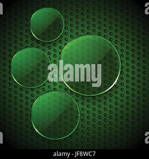 3D Illustration of Blank Green Glass Circles Info Graphic Over Honeycomb Background Stock Vector