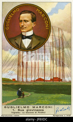 Poldhu Wireless Station, Cornwall. Guglielmo Marconi (25 April 1874 – 20 July 1937), Italian inventor and electrical engineer. Liebig collectors' card, 1938 Stock Photo