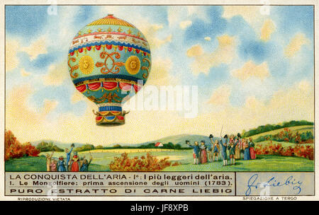 First hot air balloon flight, Montgolfier balloon demonstrated in 1783, Annonay, France. Air travel. Liebig collectors' card 1935 Stock Photo