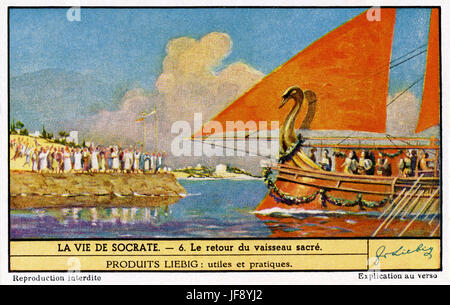 Return of the sacred vessel, after which Socrates was put to death. The life of Socrates (470/469 – 399 BC), Athenian philosopher. Liebig collectors card, 1949 Stock Photo