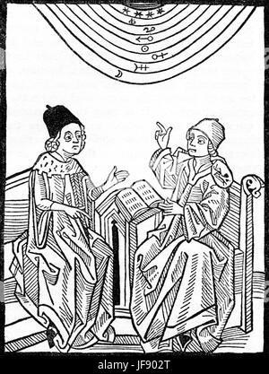 The School of Astrology. Two  medieval scholars discussing the signes of the zodiac and the stars. Stock Photo