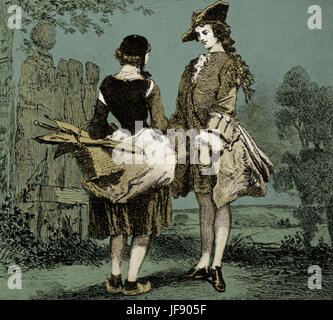 Alfred de Musset 's  'On ne badine pas avec l'amour' or 'One does not trifle with love'. Rosette and Perdican - illustration by Eugene Lami. French Romantic poet and playwright. Written in 1834. Stock Photo