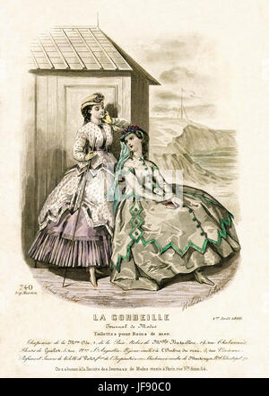 Ladies' summer fashion, beach wear, August 1866. Two women in summer day dresses / walking dresses with jackets, with zig-zag edged trimming, full skirts held out over a crinoline. One woman wears a straw hat and the other in a bonnet, decorated with flowers and tied with ribbon. Illustration by Louis Berlier and Heloise Leloir Stock Photo