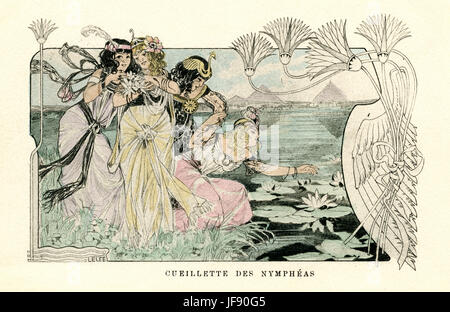 Plucking water lillies. Illustration in neoclassical Egyptian style (pyramids in the background). Stock Photo