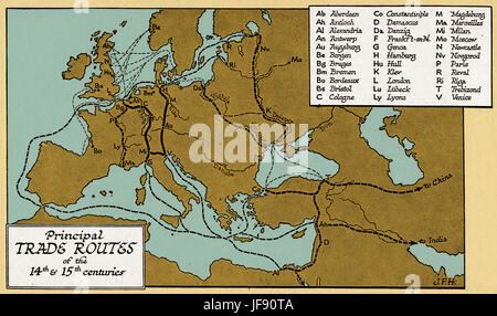 Map showing principal trade routes of Europe in the 14th and 15th ...