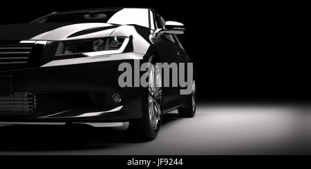 Modern new black metallic sedan car in spotlight. Generic contemporary desing, brandless. 3D rendering. Stock Photo