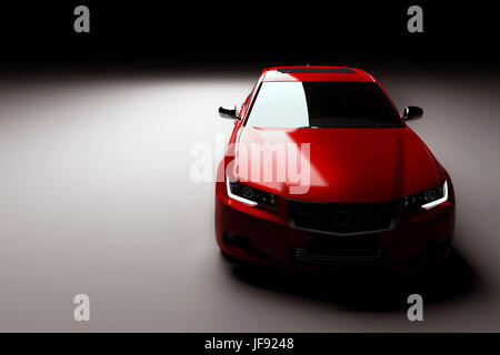Modern new red metallic sedan car in spotlight. Generic contemporary desing, brandless. 3D rendering. Stock Photo