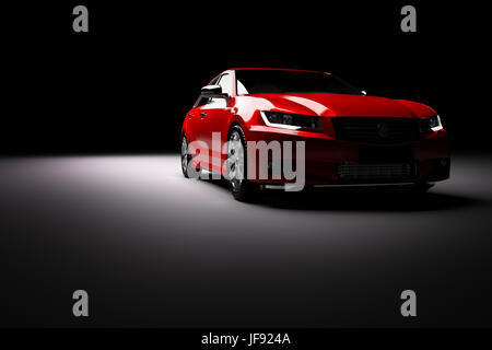 Modern new red metallic sedan car in spotlight. Generic contemporary desing, brandless. 3D rendering. Stock Photo