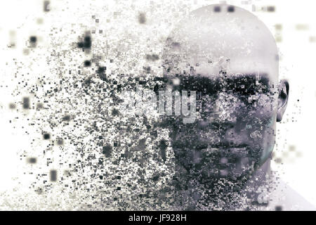 Man face with pixel dispersion effect. Concept of technology, modern science but also disintegration of mind etc. 3D rendering Stock Photo