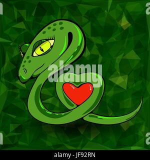 Snake and Heart  on Green Polygonal Background Stock Vector