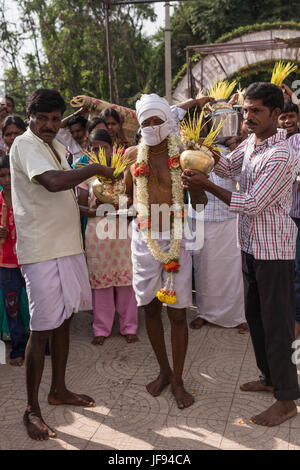 Mysore, India - October 27, 2013: Closeup of the father of the bride, fasted and didn’t speak for five days. He is the central figure in a wedding pro Stock Photo