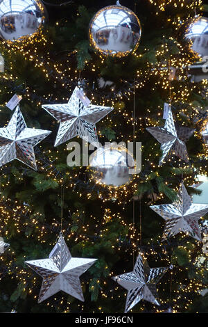 Christmas tree with silver balls and stars Stock Photo