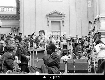 On April 22, 1971, Vietnam veteran Lt. John Kerry became the first Vietnam veteran to testify before Congress about the war, when he appeared before a Senate committee hearing on proposals relating to ending the war. Kerry is shown here speaking on the U.S. Capitol steps the day after his testimony - April 23, 1971 - as he participated in a demonstration with thousands of other veterans in which he and other veterans threw their medals and ribbons over a fence erected at the front steps of the United States Capitol building to dramatize their opposition to the war. Stock Photo