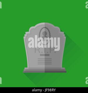 Grey Gravestone Isolated on Green Background. Flat Design. Long Shadow Stock Vector
