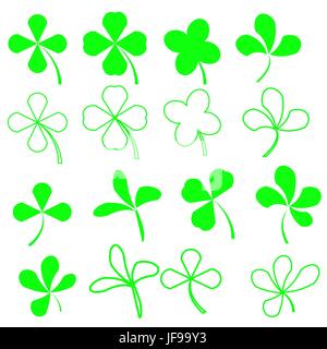 Set of Green Leaves Icons Isolated on White Background. Symbols of Patricks Day. Green  Shamrocks Stock Vector