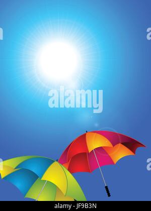 Sunny Blue Sky Background with Colourful Umbrellas and Lens Flares Stock Vector